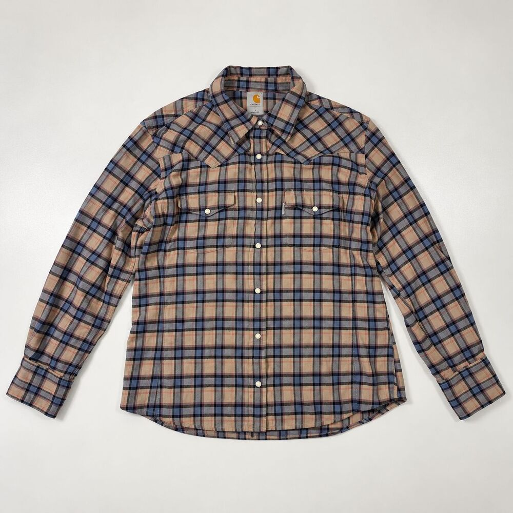 Carhartt Women’s cow girl Colorful Plaid Flannel Shirt Stone Buttons Size Large